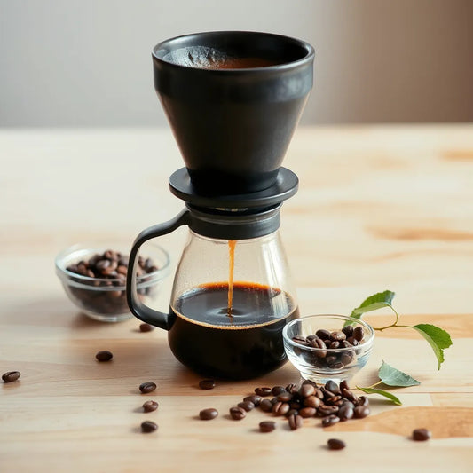 Pour-over coffee brewing with whole beans and fresh green coffee leaves on a light wood table.