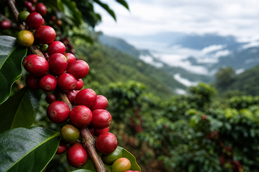 Ripe Arabica coffee cherries on a branch with mountain coffee fields in the background