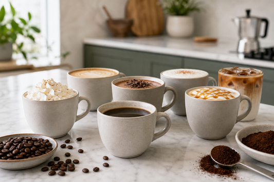 Several cups of flavored coffee on a kitchen counter with coffee beans and ground coffee nearby
