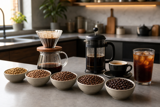 Different whole coffee beans arranged beside pour-over, French press, espresso, and cold brew equipment on a kitchen counter