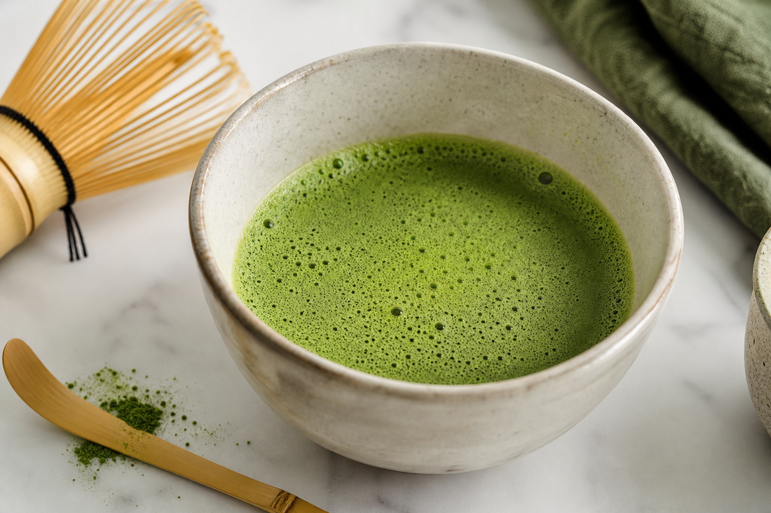 A bowl of freshly whisked matcha with a bamboo whisk beside it