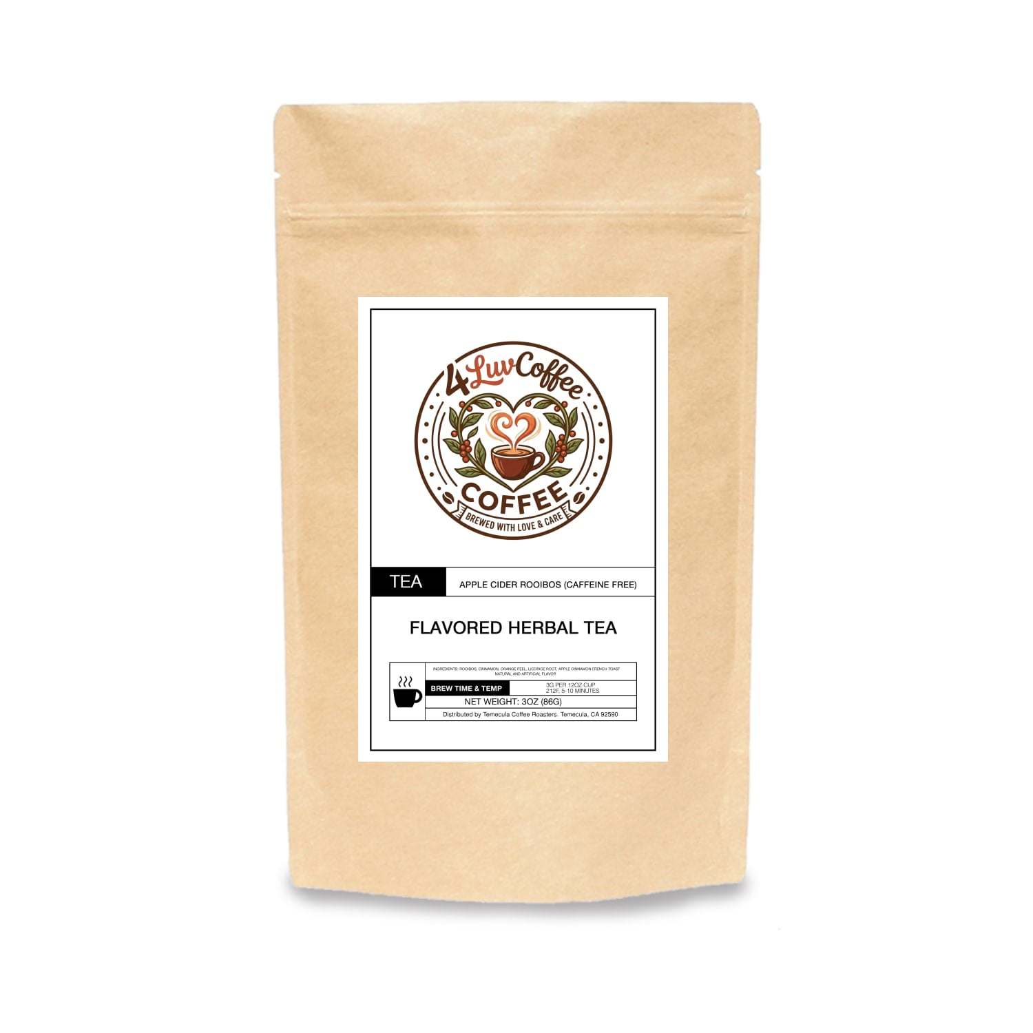 4LuvCoffee Apple Cider Rooibos Tea, caffeine-free herbal rooibos blend with cinnamon, orange peel, and spice notes